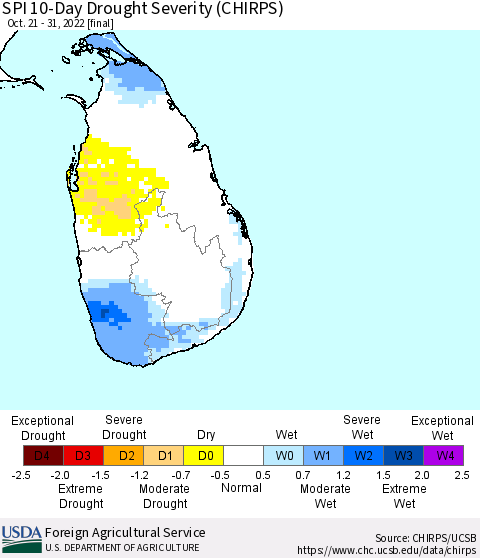 Sri Lanka SPI 10-Day Drought Severity (CHIRPS) Thematic Map For 10/21/2022 - 10/31/2022