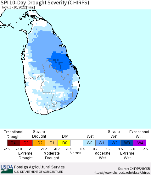 Sri Lanka SPI 10-Day Drought Severity (CHIRPS) Thematic Map For 11/1/2022 - 11/10/2022
