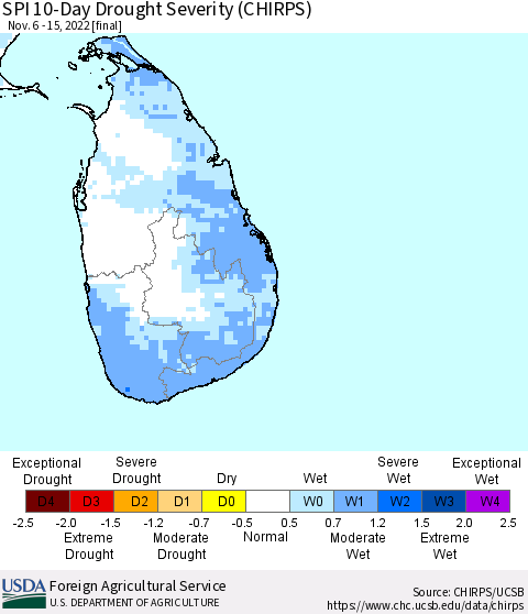 Sri Lanka SPI 10-Day Drought Severity (CHIRPS) Thematic Map For 11/6/2022 - 11/15/2022