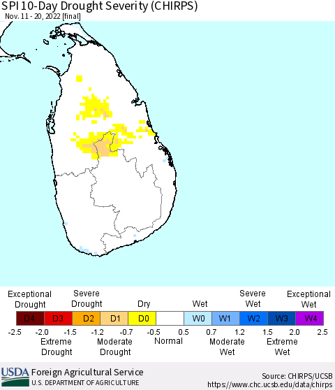 Sri Lanka SPI 10-Day Drought Severity (CHIRPS) Thematic Map For 11/11/2022 - 11/20/2022