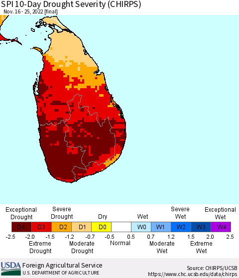 Sri Lanka SPI 10-Day Drought Severity (CHIRPS) Thematic Map For 11/16/2022 - 11/25/2022