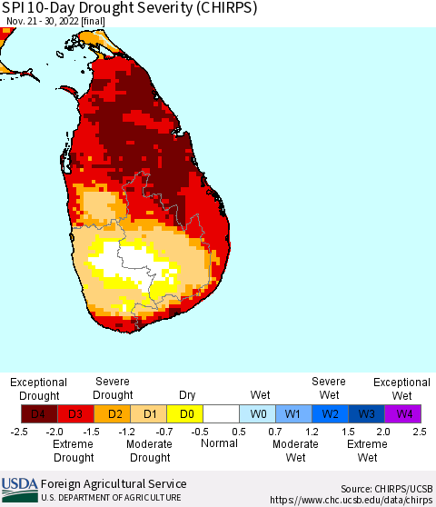 Sri Lanka SPI 10-Day Drought Severity (CHIRPS) Thematic Map For 11/21/2022 - 11/30/2022