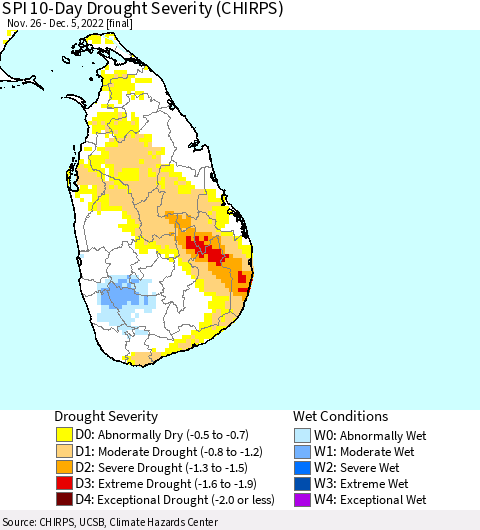 Sri Lanka SPI 10-Day Drought Severity (CHIRPS) Thematic Map For 11/26/2022 - 12/5/2022