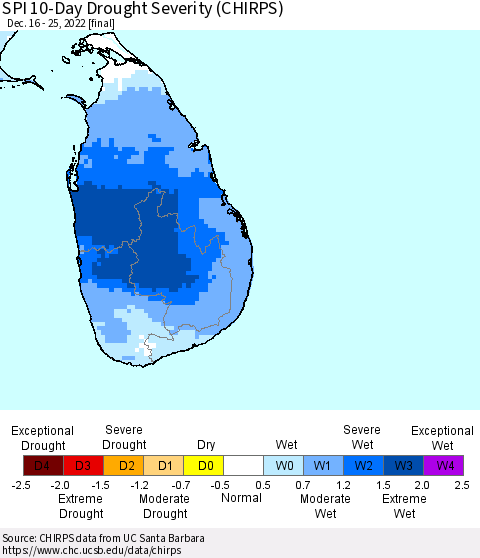 Sri Lanka SPI 10-Day Drought Severity (CHIRPS) Thematic Map For 12/16/2022 - 12/25/2022