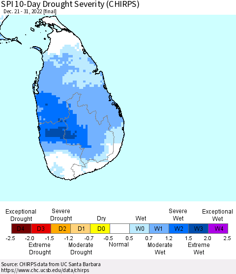 Sri Lanka SPI 10-Day Drought Severity (CHIRPS) Thematic Map For 12/21/2022 - 12/31/2022