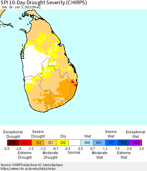 Sri Lanka SPI 10-Day Drought Severity (CHIRPS) Thematic Map For 12/26/2022 - 1/5/2023
