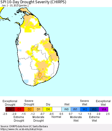Sri Lanka SPI 10-Day Drought Severity (CHIRPS) Thematic Map For 1/1/2023 - 1/10/2023