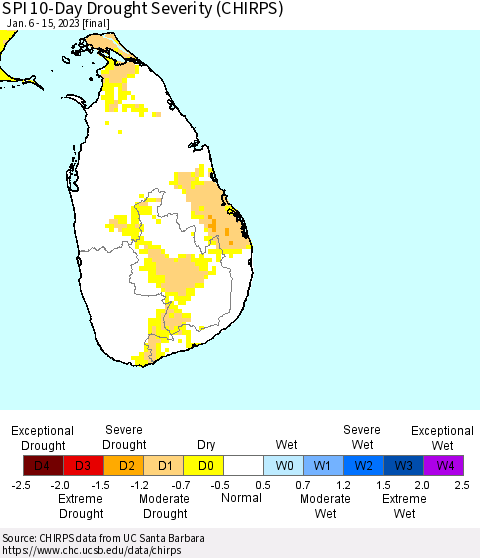 Sri Lanka SPI 10-Day Drought Severity (CHIRPS) Thematic Map For 1/6/2023 - 1/15/2023