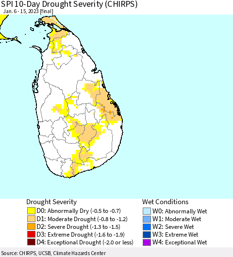 Sri Lanka SPI 10-Day Drought Severity (CHIRPS) Thematic Map For 1/6/2023 - 1/15/2023