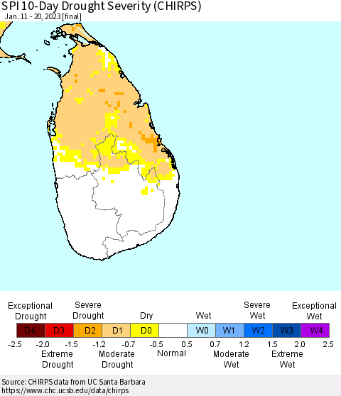 Sri Lanka SPI 10-Day Drought Severity (CHIRPS) Thematic Map For 1/11/2023 - 1/20/2023