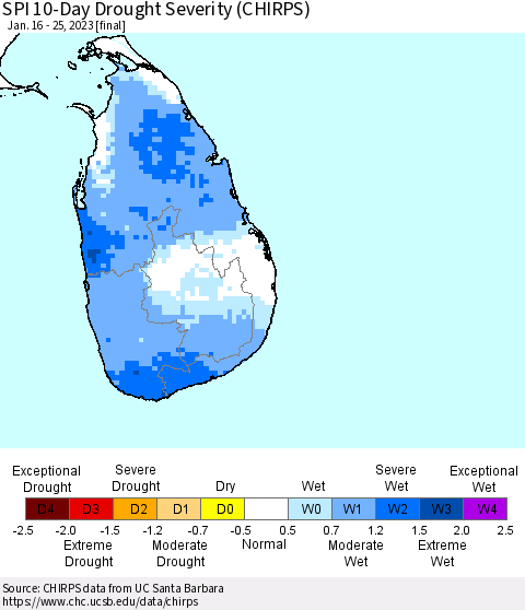 Sri Lanka SPI 10-Day Drought Severity (CHIRPS) Thematic Map For 1/16/2023 - 1/25/2023