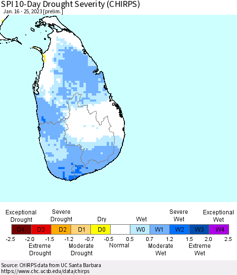 Sri Lanka SPI 10-Day Drought Severity (CHIRPS) Thematic Map For 1/16/2023 - 1/25/2023