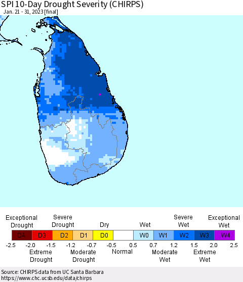 Sri Lanka SPI 10-Day Drought Severity (CHIRPS) Thematic Map For 1/21/2023 - 1/31/2023
