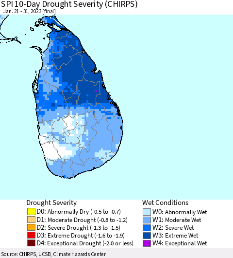 Sri Lanka SPI 10-Day Drought Severity (CHIRPS) Thematic Map For 1/21/2023 - 1/31/2023