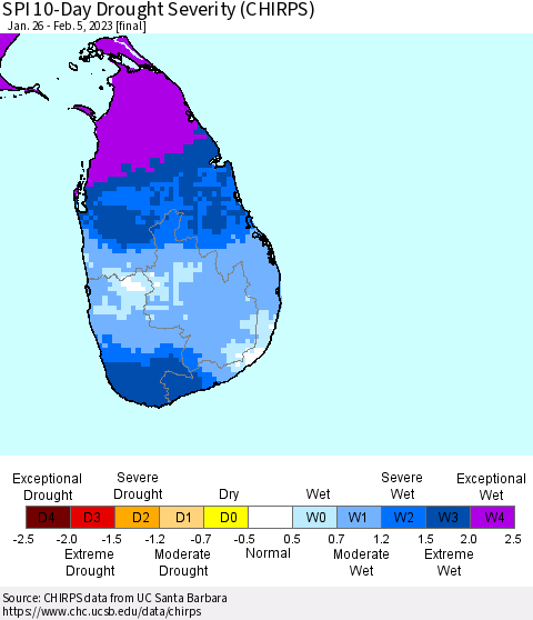 Sri Lanka SPI 10-Day Drought Severity (CHIRPS) Thematic Map For 1/26/2023 - 2/5/2023