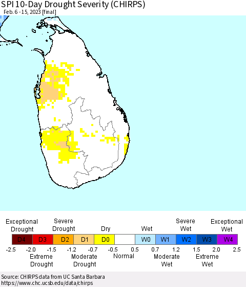 Sri Lanka SPI 10-Day Drought Severity (CHIRPS) Thematic Map For 2/6/2023 - 2/15/2023