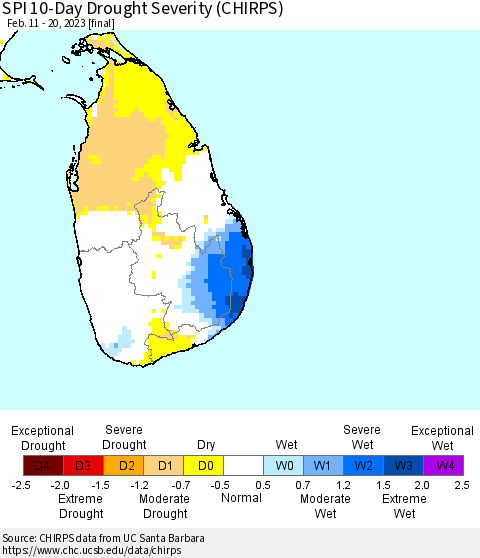 Sri Lanka SPI 10-Day Drought Severity (CHIRPS) Thematic Map For 2/11/2023 - 2/20/2023