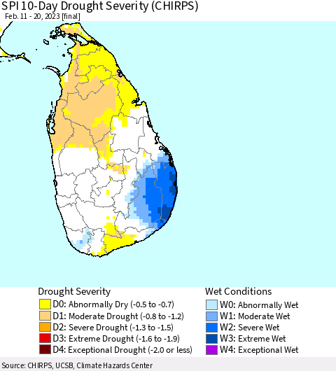 Sri Lanka SPI 10-Day Drought Severity (CHIRPS) Thematic Map For 2/11/2023 - 2/20/2023