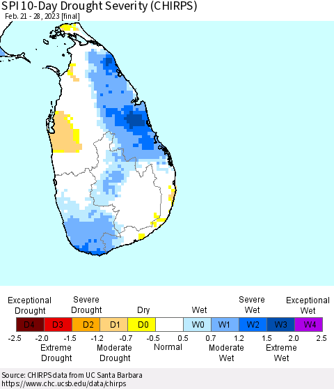 Sri Lanka SPI 10-Day Drought Severity (CHIRPS) Thematic Map For 2/21/2023 - 2/28/2023