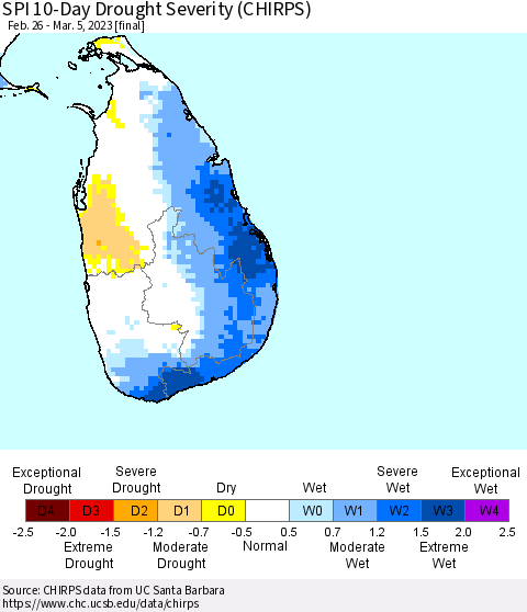 Sri Lanka SPI 10-Day Drought Severity (CHIRPS) Thematic Map For 2/26/2023 - 3/5/2023