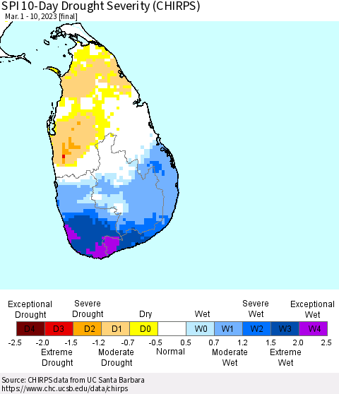 Sri Lanka SPI 10-Day Drought Severity (CHIRPS) Thematic Map For 3/1/2023 - 3/10/2023