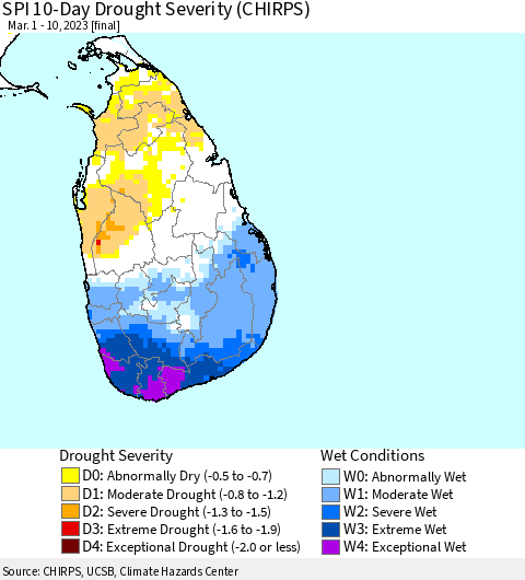 Sri Lanka SPI 10-Day Drought Severity (CHIRPS) Thematic Map For 3/1/2023 - 3/10/2023