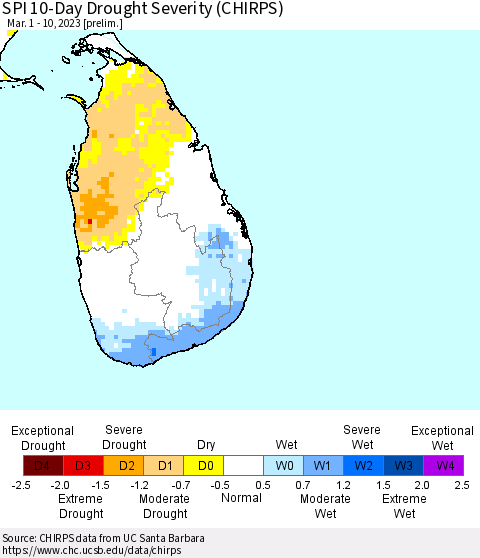Sri Lanka SPI 10-Day Drought Severity (CHIRPS) Thematic Map For 3/1/2023 - 3/10/2023