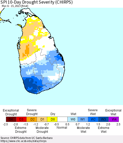 Sri Lanka SPI 10-Day Drought Severity (CHIRPS) Thematic Map For 3/6/2023 - 3/15/2023
