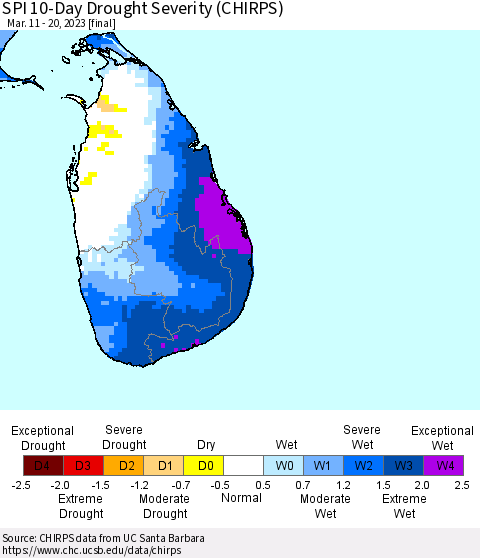 Sri Lanka SPI 10-Day Drought Severity (CHIRPS) Thematic Map For 3/11/2023 - 3/20/2023