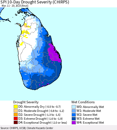 Sri Lanka SPI 10-Day Drought Severity (CHIRPS) Thematic Map For 3/11/2023 - 3/20/2023