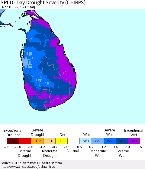Sri Lanka SPI 10-Day Drought Severity (CHIRPS) Thematic Map For 3/16/2023 - 3/25/2023