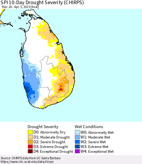 Sri Lanka SPI 10-Day Drought Severity (CHIRPS) Thematic Map For 3/26/2023 - 4/5/2023
