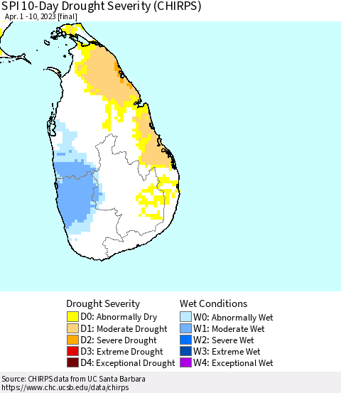 Sri Lanka SPI 10-Day Drought Severity (CHIRPS) Thematic Map For 4/1/2023 - 4/10/2023