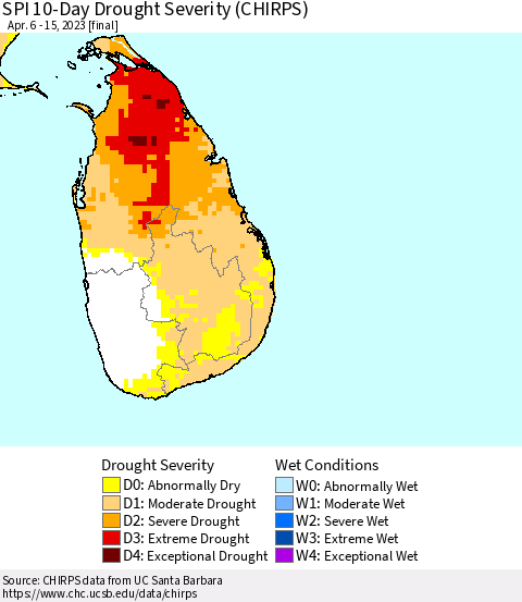 Sri Lanka SPI 10-Day Drought Severity (CHIRPS) Thematic Map For 4/6/2023 - 4/15/2023