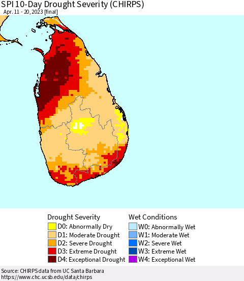 Sri Lanka SPI 10-Day Drought Severity (CHIRPS) Thematic Map For 4/11/2023 - 4/20/2023