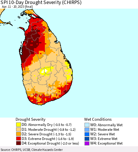 Sri Lanka SPI 10-Day Drought Severity (CHIRPS) Thematic Map For 4/11/2023 - 4/20/2023