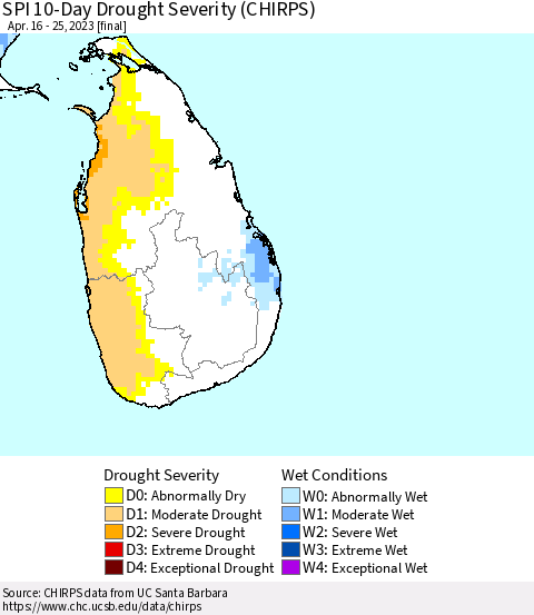Sri Lanka SPI 10-Day Drought Severity (CHIRPS) Thematic Map For 4/16/2023 - 4/25/2023