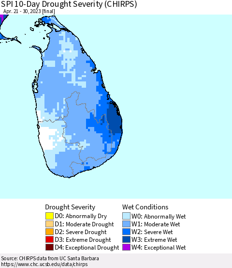 Sri Lanka SPI 10-Day Drought Severity (CHIRPS) Thematic Map For 4/21/2023 - 4/30/2023