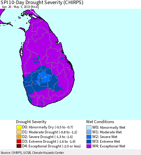 Sri Lanka SPI 10-Day Drought Severity (CHIRPS) Thematic Map For 4/26/2023 - 5/5/2023