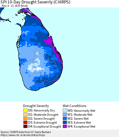 Sri Lanka SPI 10-Day Drought Severity (CHIRPS) Thematic Map For 5/6/2023 - 5/15/2023
