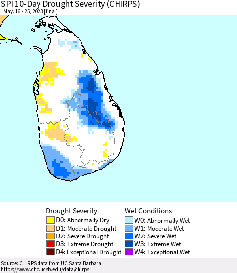 Sri Lanka SPI 10-Day Drought Severity (CHIRPS) Thematic Map For 5/16/2023 - 5/25/2023