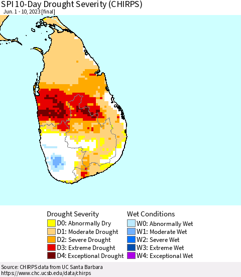 Sri Lanka SPI 10-Day Drought Severity (CHIRPS) Thematic Map For 6/1/2023 - 6/10/2023