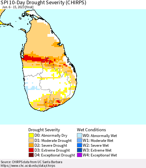 Sri Lanka SPI 10-Day Drought Severity (CHIRPS) Thematic Map For 6/6/2023 - 6/15/2023