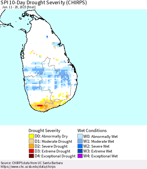 Sri Lanka SPI 10-Day Drought Severity (CHIRPS) Thematic Map For 6/11/2023 - 6/20/2023
