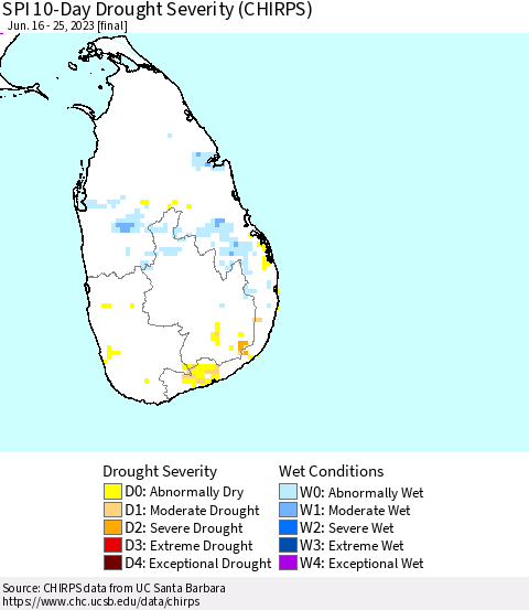 Sri Lanka SPI 10-Day Drought Severity (CHIRPS) Thematic Map For 6/16/2023 - 6/25/2023