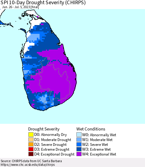 Sri Lanka SPI 10-Day Drought Severity (CHIRPS) Thematic Map For 6/26/2023 - 7/5/2023