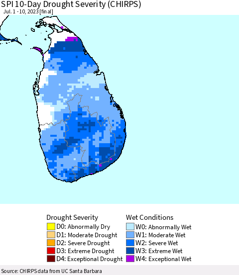 Sri Lanka SPI 10-Day Drought Severity (CHIRPS) Thematic Map For 7/1/2023 - 7/10/2023
