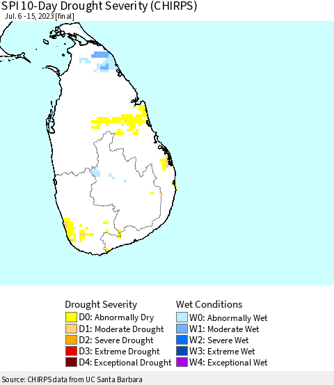 Sri Lanka SPI 10-Day Drought Severity (CHIRPS) Thematic Map For 7/6/2023 - 7/15/2023