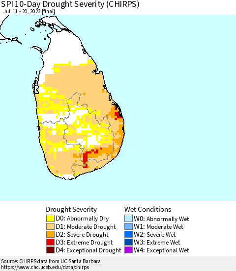 Sri Lanka SPI 10-Day Drought Severity (CHIRPS) Thematic Map For 7/11/2023 - 7/20/2023
