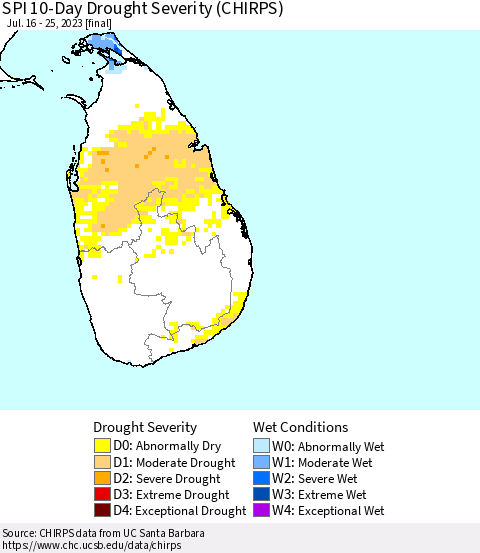 Sri Lanka SPI 10-Day Drought Severity (CHIRPS) Thematic Map For 7/16/2023 - 7/25/2023